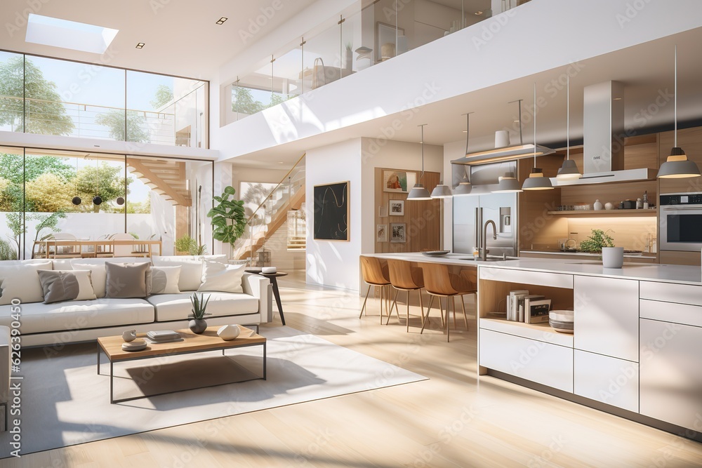 Fototapeta premium Scandinavian minimalism living room interior in new luxury home with open concept floor plan. Shows kitchen, dining room, and wall of windows with amazing exterior, Generative AI