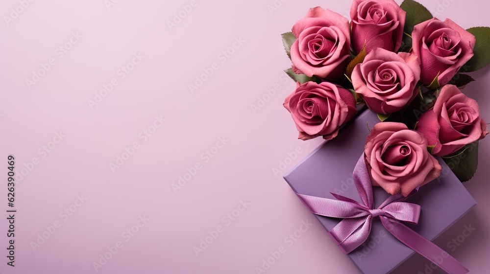 a bunch of pink roses in a purple box with a bow. generative ai a bunch of pink roses in a purple box with a bow. generative ai