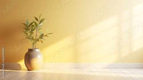  a vase with a plant in it on a wooden floor.  generative ai