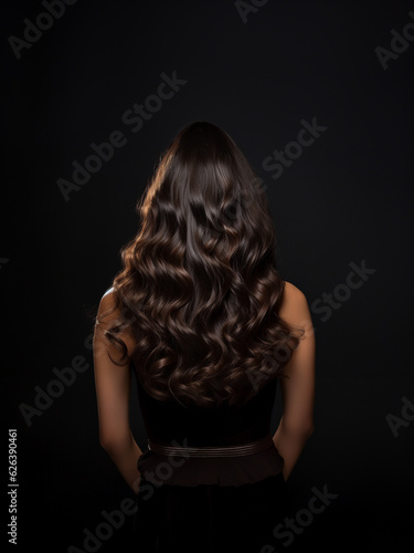 Beautiful young woman with brunette stylish wavy hairdo on black background, back view