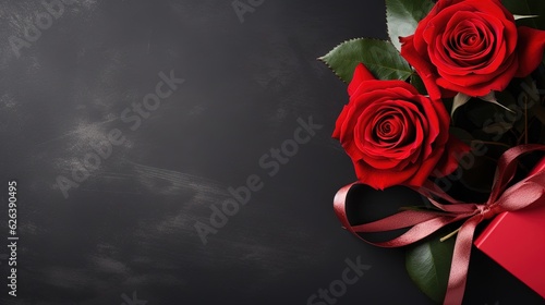 three red roses with a red ribbon on a black background.  generative ai
