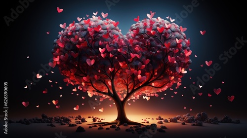  a heart - shaped tree with many hearts flying around it.  generative ai