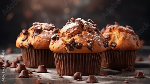  three chocolate chip muffins with chocolate chips scattered around them. generative ai