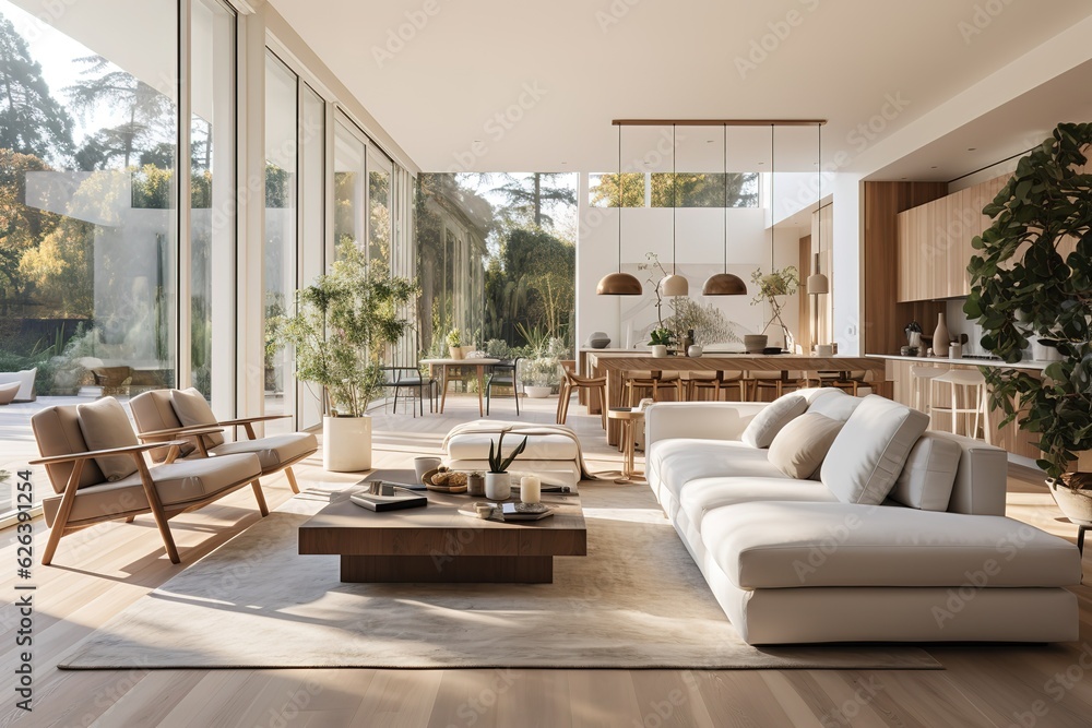 Modern age Beautiful living room interior in new luxury home with open concept floor plan. Shows kitchen, dining room, and wall of windows with amazing exterior Modern age Beautiful living room interior in new luxury home with open concept floor plan. Shows kitchen, dining room, and wall of windows with amazing exterior