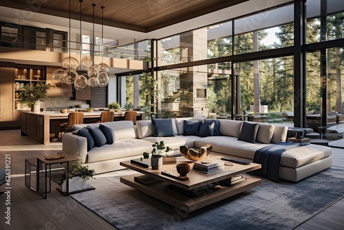 Bold & Beautiful living room interior in new luxury home with open concept floor plan. Shows kitchen, dining room, and wall of windows with amazing exterior © Parvez