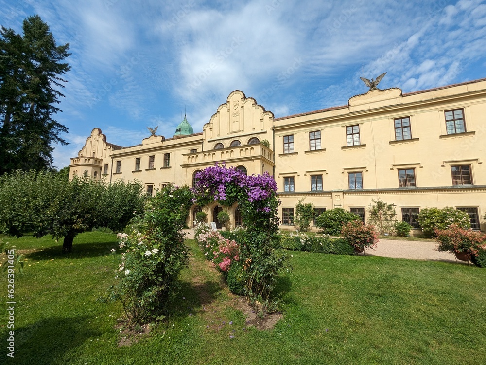 Castolovice chateau historical baroque castle Castolovice building and surrounding park with rose gardens, Bohemia,Czechia-Zamek Castolovice,chateau gardens