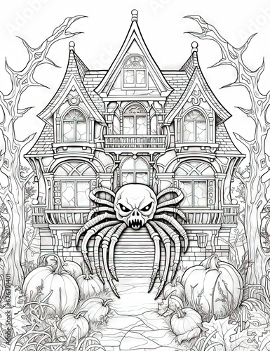 Halloween colouring page with a spider and house as the subject