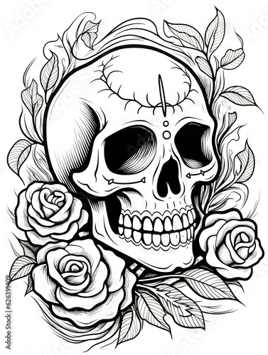 Halloween colouring page with a skeleton as the subject