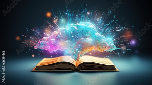  an open book with a colorful light coming out of it.  generative ai © Shanti