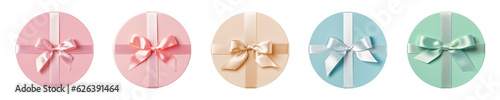 Pastel color round gift box with ribbon on transparent background. Generative AI	