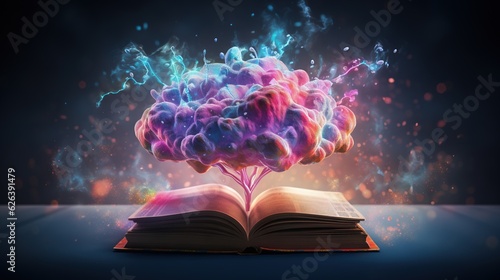  an open book with a colorful cloud of smoke coming out of it. generative ai