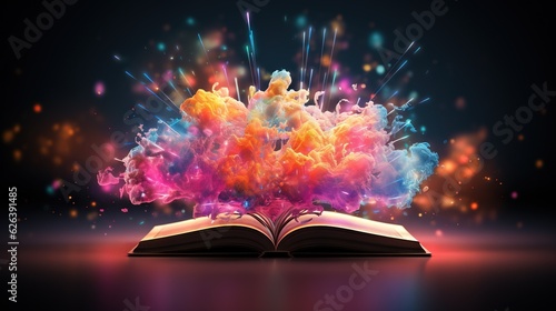  an open book with colorful powder flying out of it's pages. generative ai