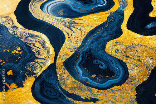 Blue and golden acrylic liquid ink swirl abstract background with ravishing turbulence wavy pattern and detailed texture. Luxury fluid liquid art by Generative AI.