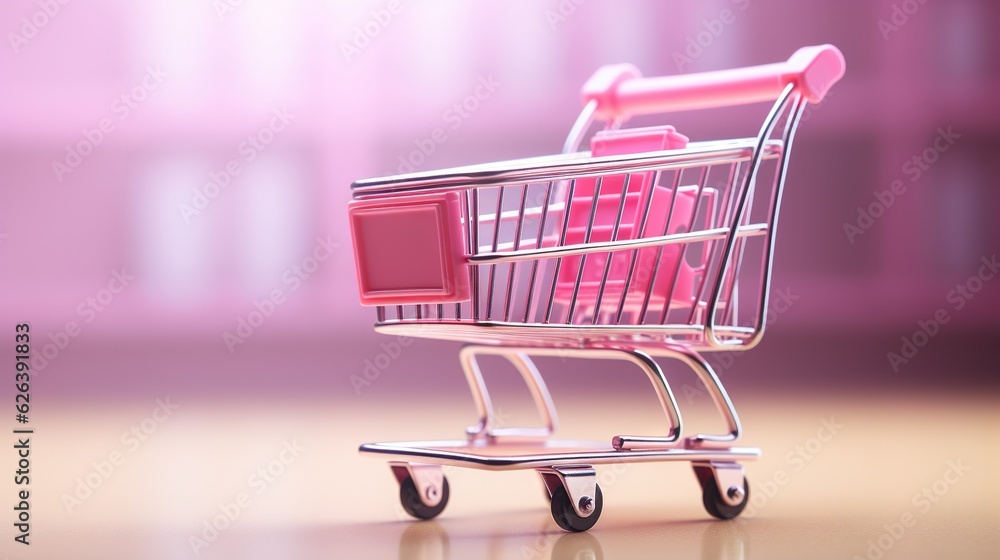 a small shopping cart with a pink handle on a table. generative ai a small shopping cart with a pink handle on a table. generative ai