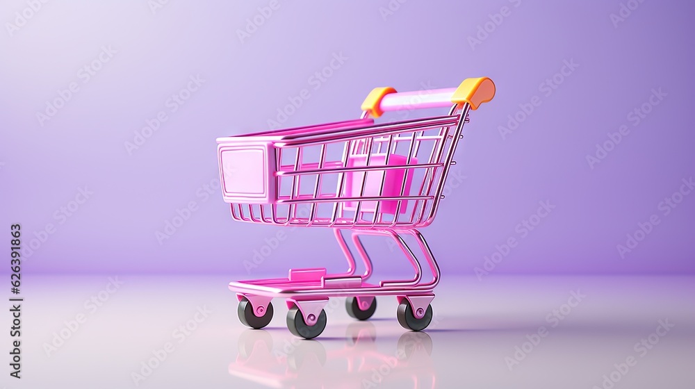 a pink shopping cart with a yellow handle on a purple background. generative ai a pink shopping cart with a yellow handle on a purple background. generative ai