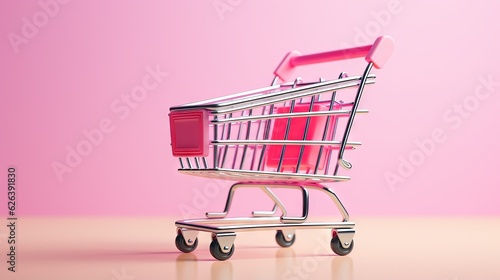 a shopping cart with a red handle on a pink background. generative ai