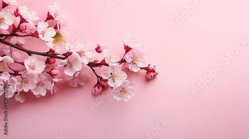  a branch of a cherry blossom on a pink background with space for text. generative ai