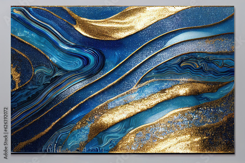 Blue and golden acrylic liquid ink swirl abstract background with ravishing turbulence wavy pattern and detailed texture. Luxury fluid liquid art by Generative AI.