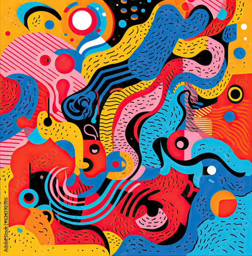 Colorful illustration with lines and shapes  with waves  in the style of pop art brights  figura serpentinata  playful yet morose  layered texture  absurd doodle AI Generative