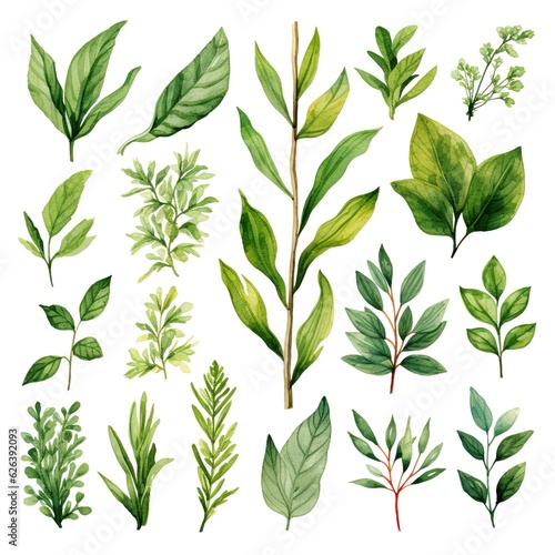 plant elements  wild herbs  branches with leaves. watercolor hand drawn illustration isolated on white background