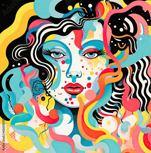 Colorful illustration with lines and shapes  with waves  in the style of pop art brights  figura serpentinata  playful yet morose  layered texture  absurd doodle AI Generative