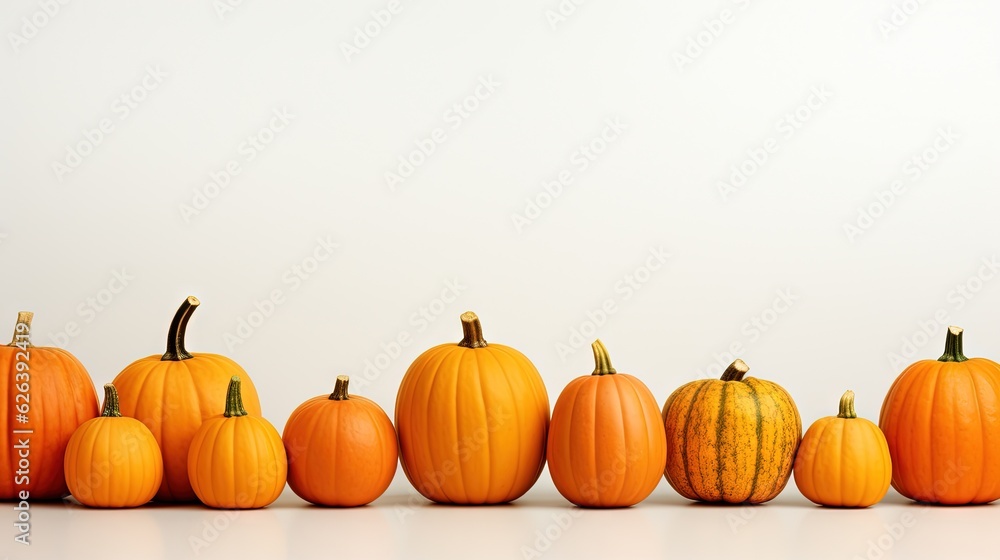 a row of pumpkins sitting in front of a white wall. generative ai a row of pumpkins sitting in front of a white wall. generative ai