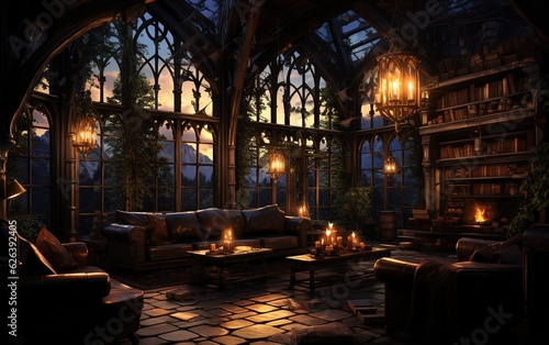 Cozy arcane study at dusk, background image, inviting ambience. magic world © LELISAT