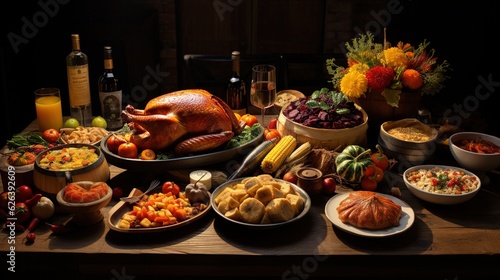  a table full of food and wine with a turkey in the middle. generative ai