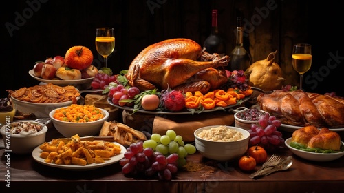  a table full of food and wine with a turkey on it.  generative ai