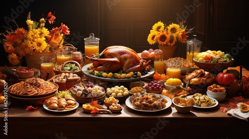  a table filled with a turkey surrounded by other food items. generative ai