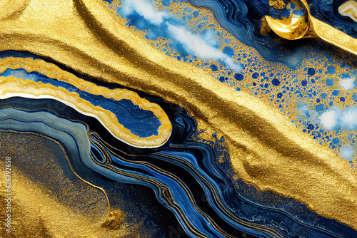 Blue and golden acrylic liquid ink swirl abstract background with ravishing turbulence wavy pattern and detailed texture. Luxury fluid liquid art by Generative AI.