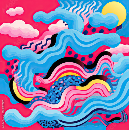 Illustration which has several colors, in the style of pop art newwave, stripes and shapes, figura serpentinata, playful use of texture, absurd doodle, dark pink and sky-blue AI Generative photo