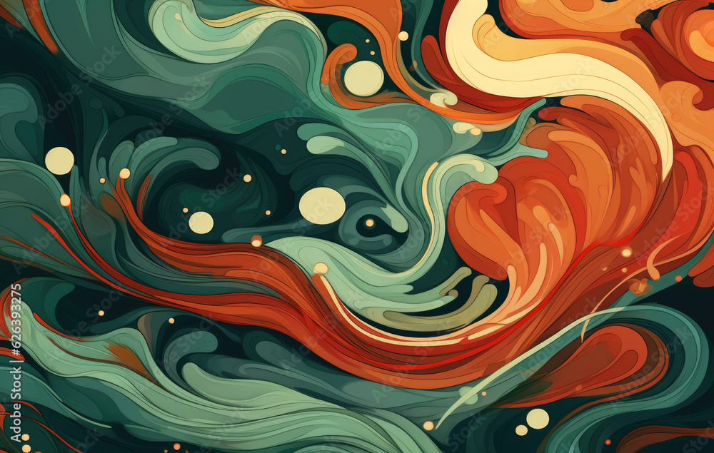 Abstract painting, in the style of art nouveau-inspired illustrations, dark orange and light emerald, organic shapes and lines, reefwave, editorial illustrations, palewave, leaf patterns AI Generative