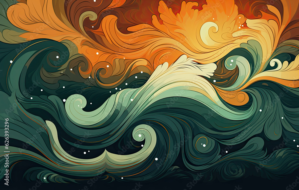 Abstract painting, in the style of art nouveau-inspired illustrations, dark orange and light emerald, organic shapes and lines, reefwave, editorial illustrations, palewave, leaf patterns AI Generative Abstract painting, in the style of art nouveau-inspired illustrations, dark orange and light emerald, organic shapes and lines, reefwave, editorial illustrations, palewave, leaf patterns AI Generative