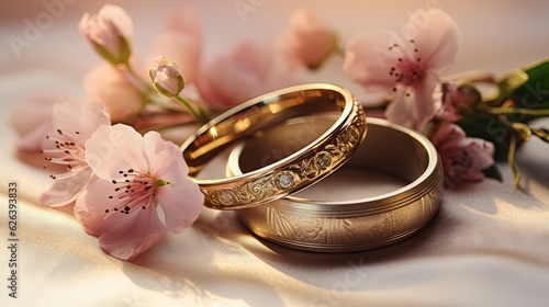  two wedding rings sitting on top of each other next to flowers. generative ai