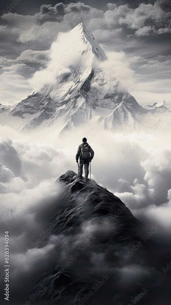 man standing on a mountain looking up to a snowy peak in the clouds, illustration generated by midjourney ai man standing on a mountain looking up to a snowy peak in the clouds, illustration generated by midjourney ai