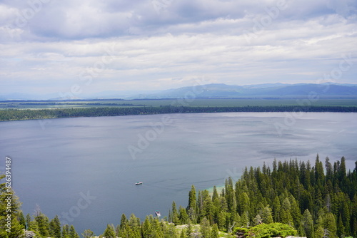 Aerial view of Jenny lake from inspiration point at Grand Teton National Park 