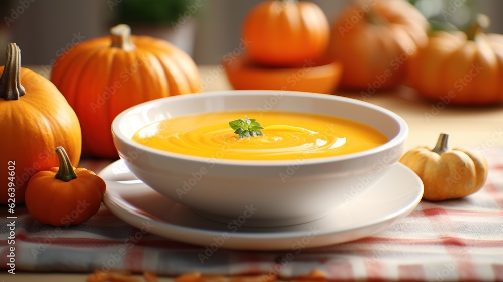 a white bowl of soup on a table with pumpkins. generative ai a white bowl of soup on a table with pumpkins. generative ai