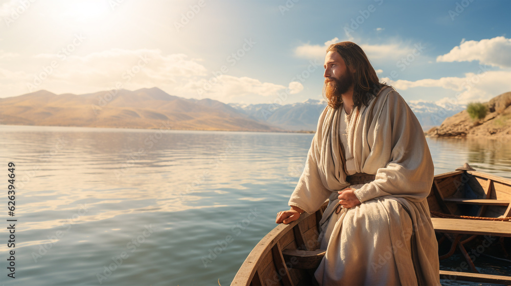 Jesus Christ is sitting in a boat in the middle of the lake. Christian religious background, banner.