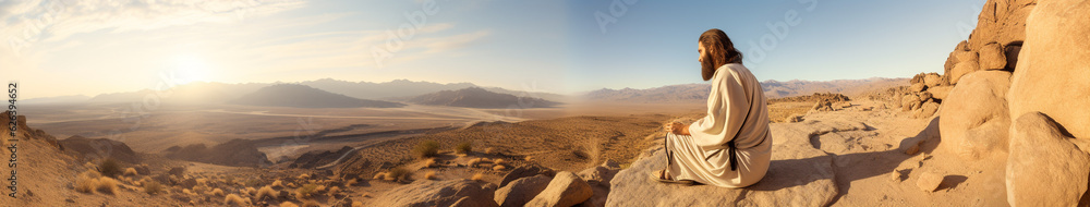 Jesus Christ in the Judean desert. Christian background, banner. A man is sitting in the desert.