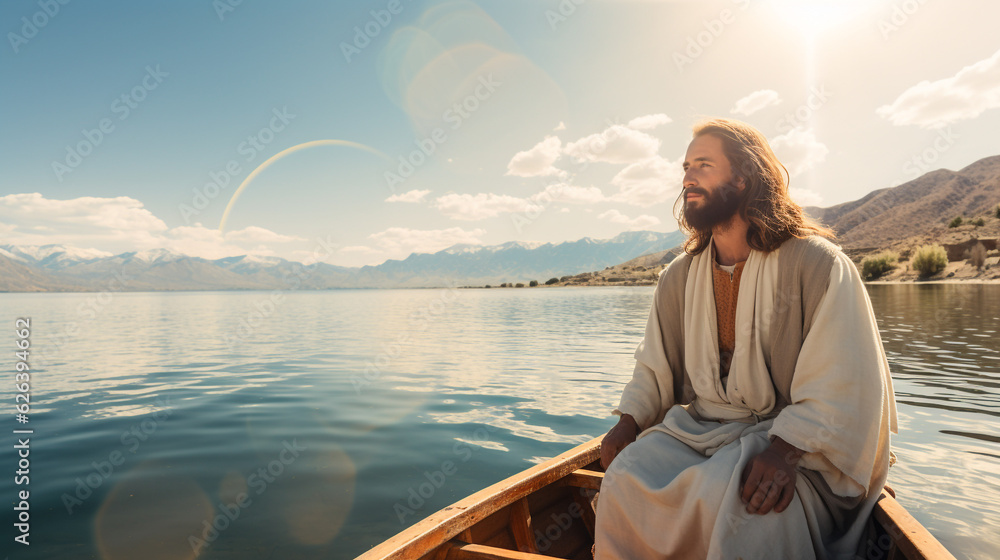 Fototapeta premium Jesus Christ is sitting in a boat in the middle of the lake. Christian religious background, banner.
