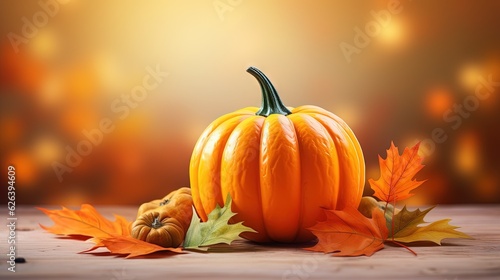  a pumpkin and some autumn leaves on a wooden table with a blurry background.  generative ai