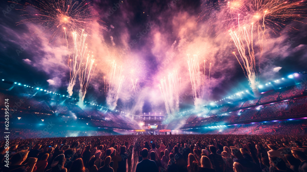 A live event, such as a concert or halftime show, taking place at a sports stadium. A large crowd of people cheering and enjoying the event. Spectacular fireworks or pyrotechnics illuminating the sky.