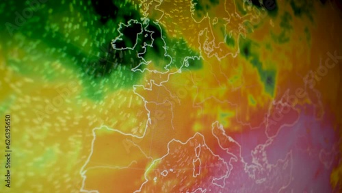 Heat wave over Europe. Camera shot computer screen. Hot climate anomaly. Global warming.