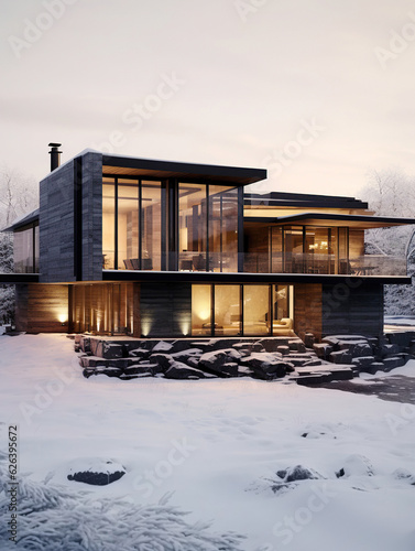 Modern minimalist private black house decorated with stone tiles mosaic cladding. Villa with big floor to ceiling panoramic windows. Residential architecture exterior.
