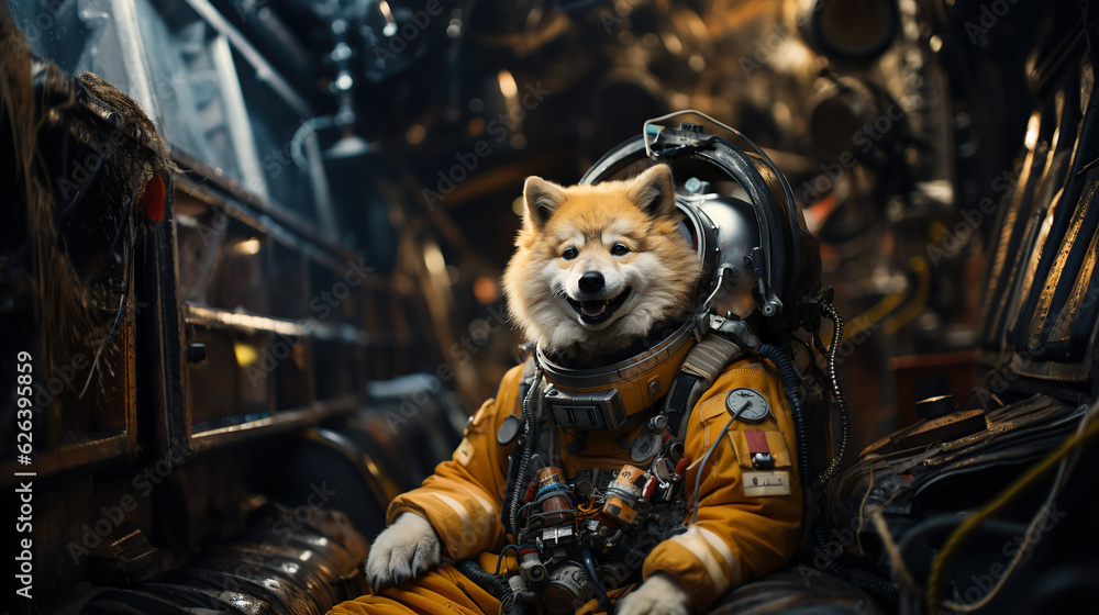 little astronaut dog working on space station wearing yellow suit, Generative AI