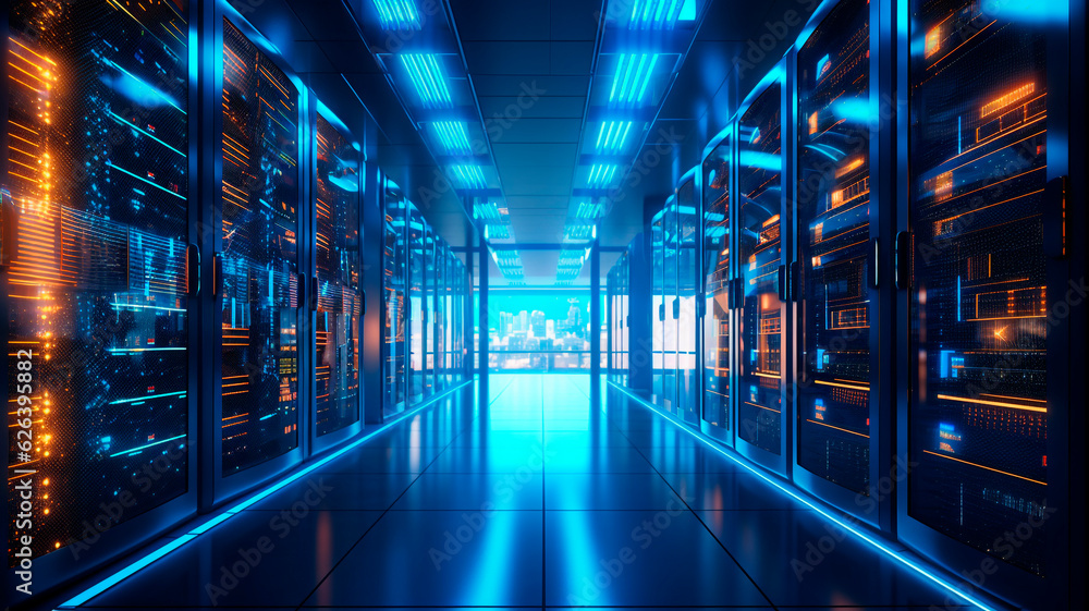 Cutting-edge data servers with exceptional performance. Ultra-high-performance servers neatly arranged in a data center rack, running at maximum capacity with stability and optimal processing power. 