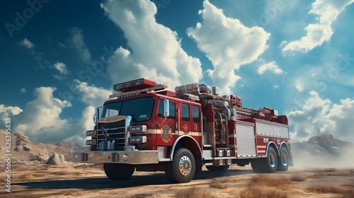 A fire truck against a clear blue sky