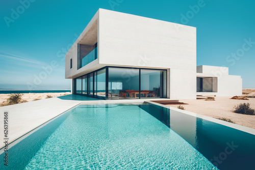 Exterior of amazing modern minimalist cubic villa with large swimming pool. White seaside luxury house with sea view. Created with generative Ai © Vadim Andrushchenko