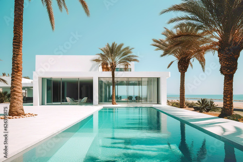 Luxury seaside house on sea shore among palm trees. Exterior of amazing modern minimalist cubic villa with large swimming pool. Created with generative Ai